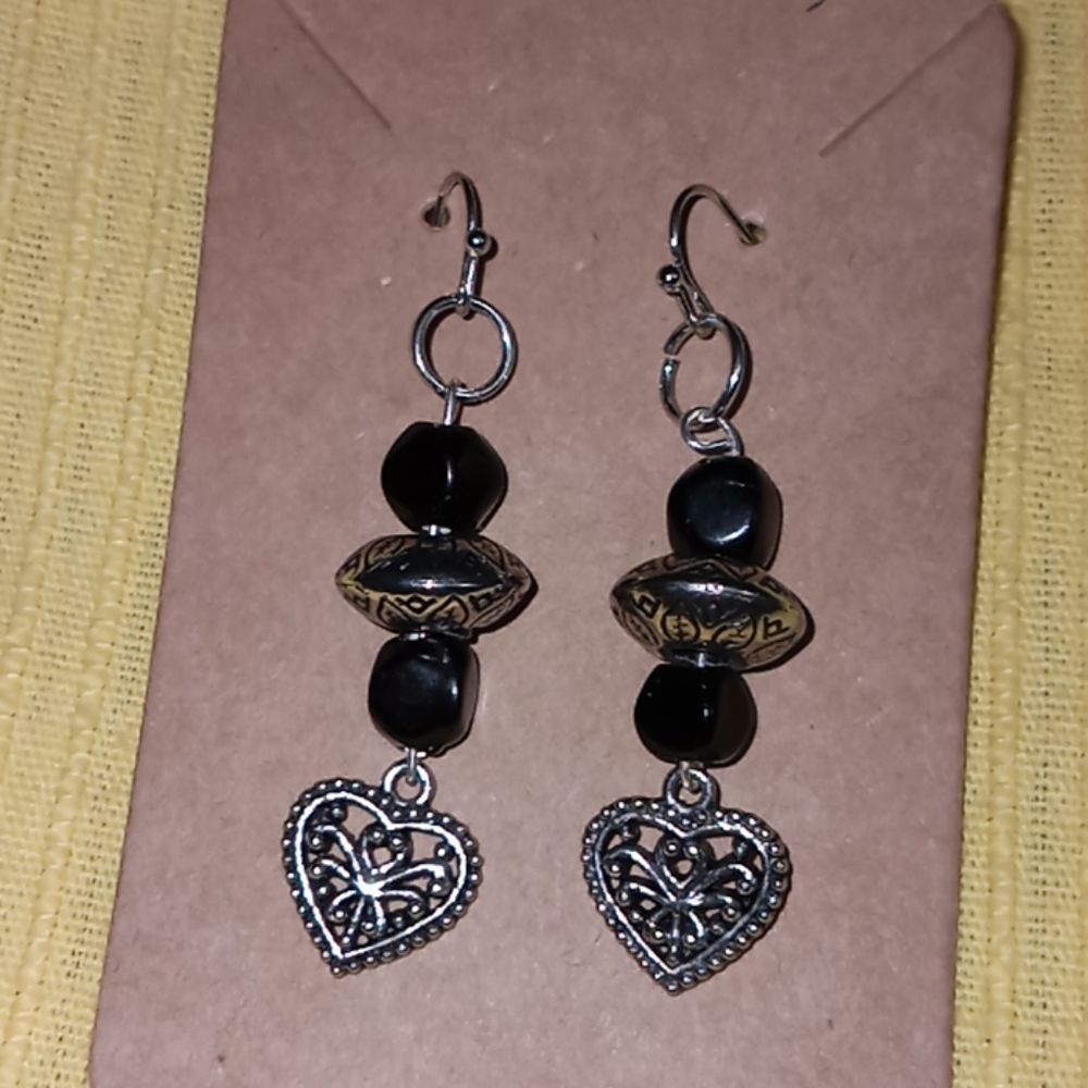 hand crafted silver plated heart black stone drop statement earrings